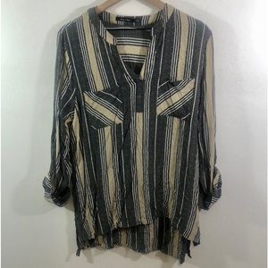 Doe & Rae Long Sleeve V-neck Top Grey Tan & White Stripe L